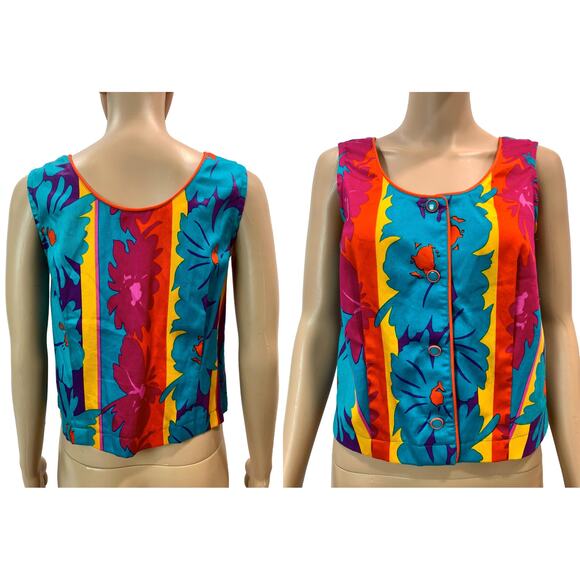 Vintage 80s Bright Floral Crop Top – Button Front Sleeveless Hawaiian Shirt - Picture 6 of 7